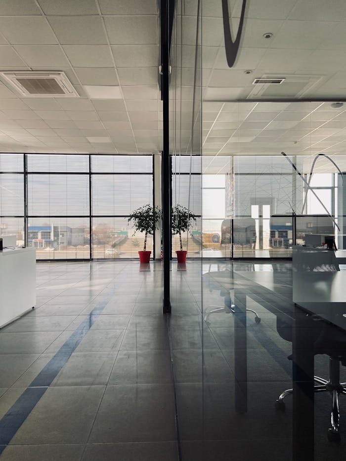 Spacious modern office with glass partitions, large windows, and minimalist decor with potted plants.